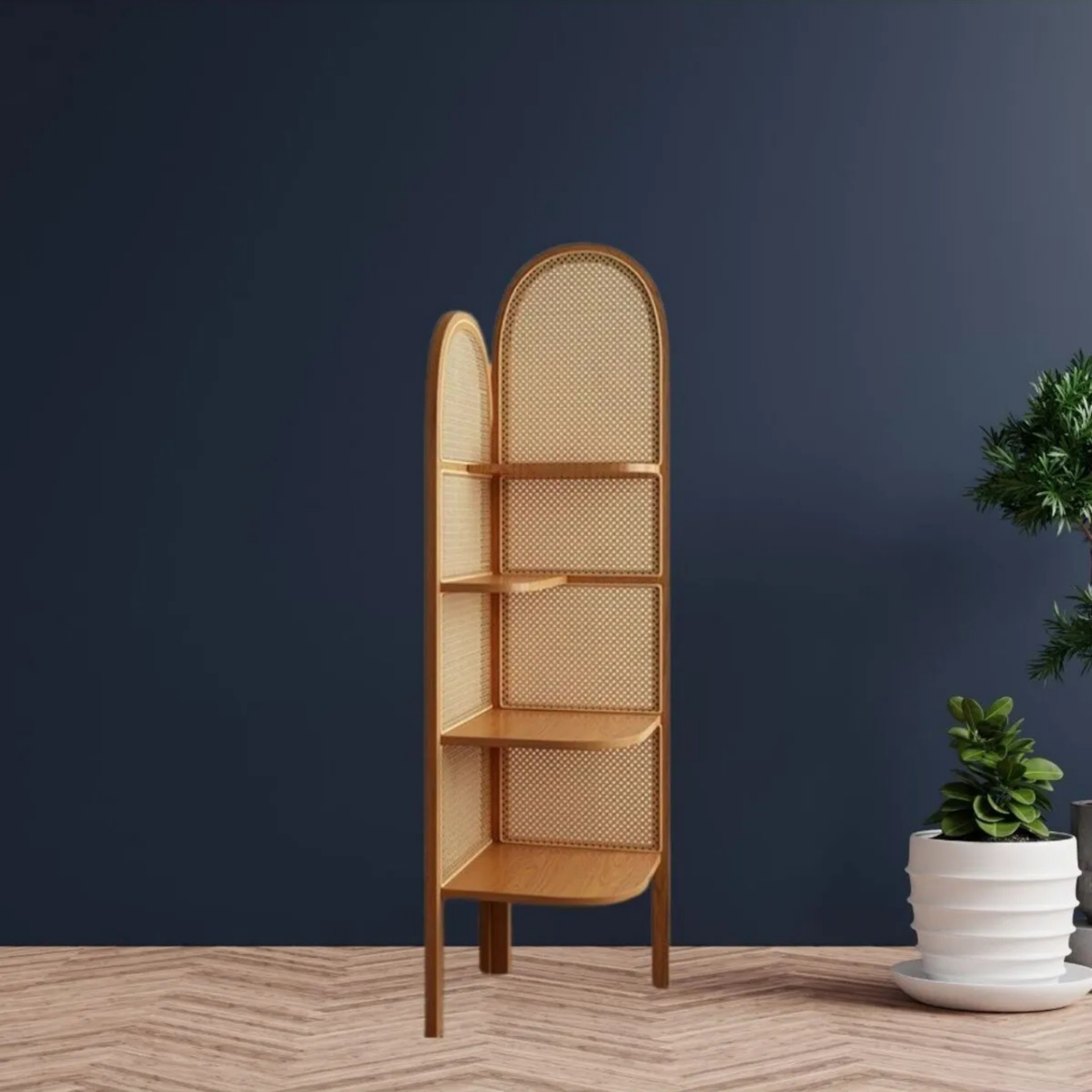 Masif Ahşap Rattan Köşe Kitaplık